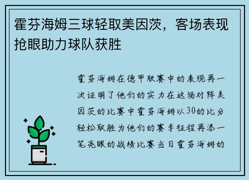 霍芬海姆三球轻取美因茨，客场表现抢眼助力球队获胜